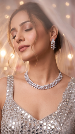 Clear Floral Motif Cz Necklace Set side view, Cunei India