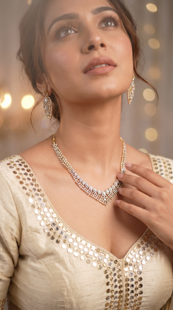 Clear and Gold V Shaped Cascading Cz Necklace Set side view, Cunei India
