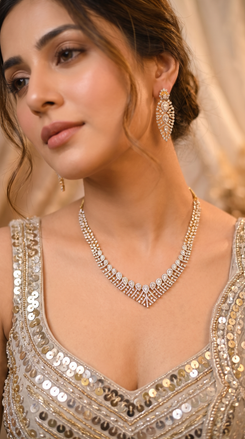 Clear and Gold V Shaped Cascading Cz Necklace Set product photo, Cunei India