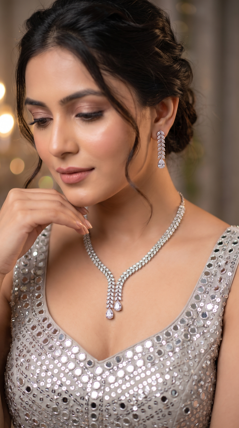 Clear Leaf Motif Y Drop Cz Necklace Set for Women, Cunei India