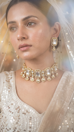 Clear Square Kundan Cluster Design Necklace Set - view 3