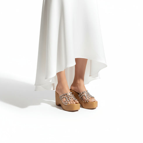 Clear Transparent Studded Tan Wedge Heels - cunei