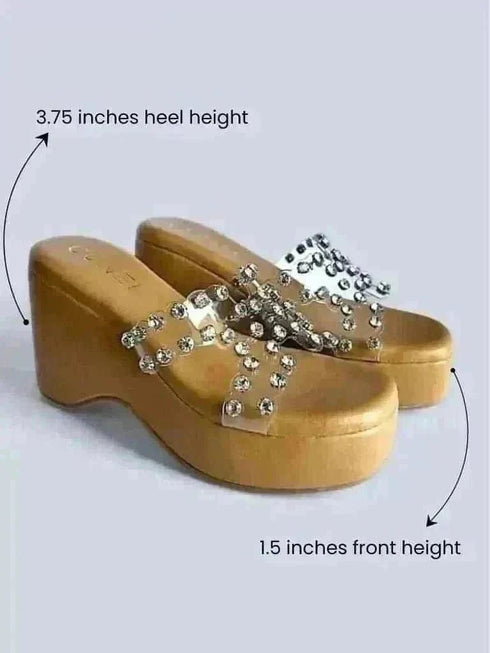 Clear Transparent Studded Tan Wedge Heels - cunei