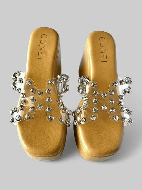 Womens Clear Transparent Studded Tan Wedge Heels