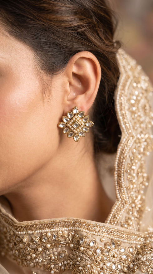 Clear and White Kundan Floral Stud Earrings side view, Cunei India
