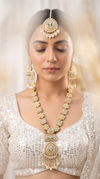 Cream and Gold With Green Accents Three Piece Square Oval Kundan Meenakari Necklace Set