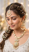 Cream and Gold With Green Accents Three Piece Square Oval Kundan Meenakari Necklace Set - view 2