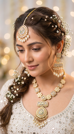 Cream and Gold With Green Accents Three Piece Square Oval Kundan Meenakari Necklace Set - view 2