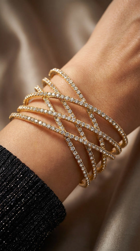 Gold Criss Cross Crystal Cuff Bracelet for Women - Party & Wedding Wear