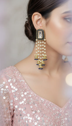 Dark blue pearl jhumkas on festive look, Cunei India