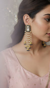Dark blue pearl jhumkas detail, Cunei India