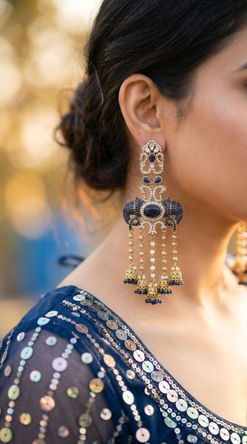 Dark Blue Ganesha Elephant Dangling Earrings for women, Cunei India