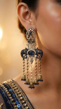 Dark Blue Ganesha Elephant Dangling Earrings side view, Cunei India