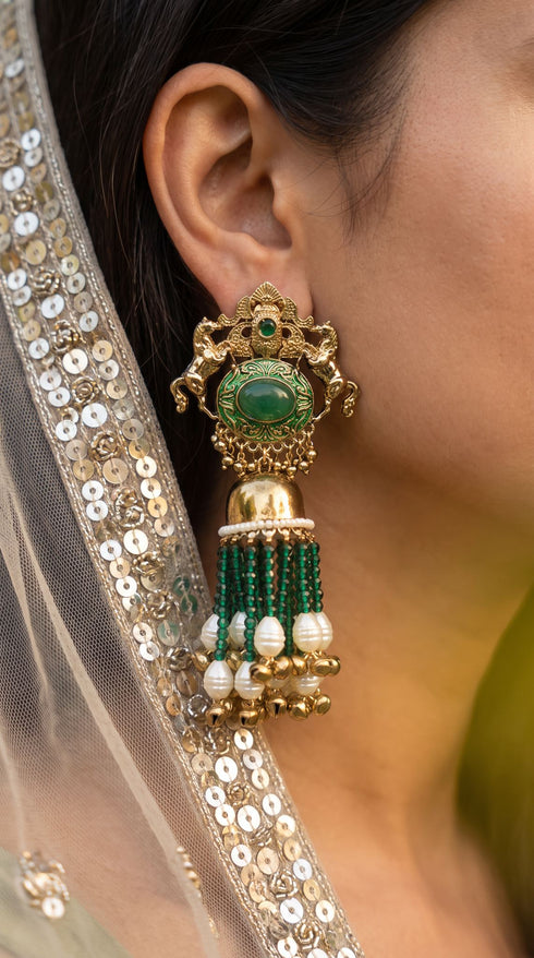 Dark Green Royal Empress Horse Jhumka Dangling Earrings for women, Cunei India