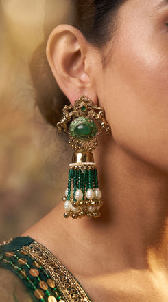 Dark Green Royal Empress Horse Jhumka Dangling Earrings side view, Cunei India