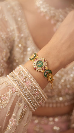 Emerald Crescent Peacock Bracelet Watch side view, Cunei India