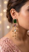 Emerald Green and Amethyst Purple Cz Cascading Hanging Earrings side view, Cunei India