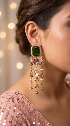 Emerald Green and Amethyst Purple Cz Cascading Hanging Earrings side view, Cunei India
