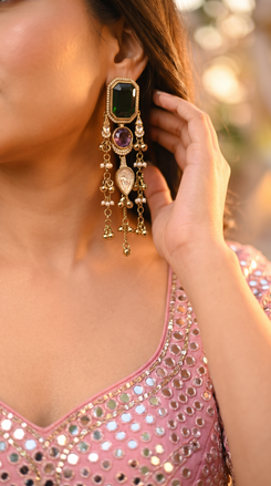 Emerald Green and Amethyst Purple Cz Cascading Hanging Earrings detail, Cunei India