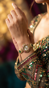Emerald Green and Ruby Red Pearl Ethnic Wrist Watch side view, Cunei India