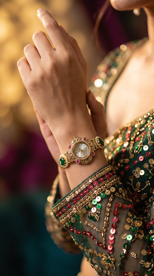 Emerald Green and Ruby Red Pearl Ethnic Wrist Watch side view, Cunei India