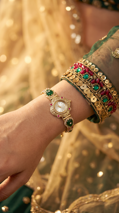 Emerald Green and Ruby Red Pearl Ethnic Wrist Watch product photo, Cunei India
