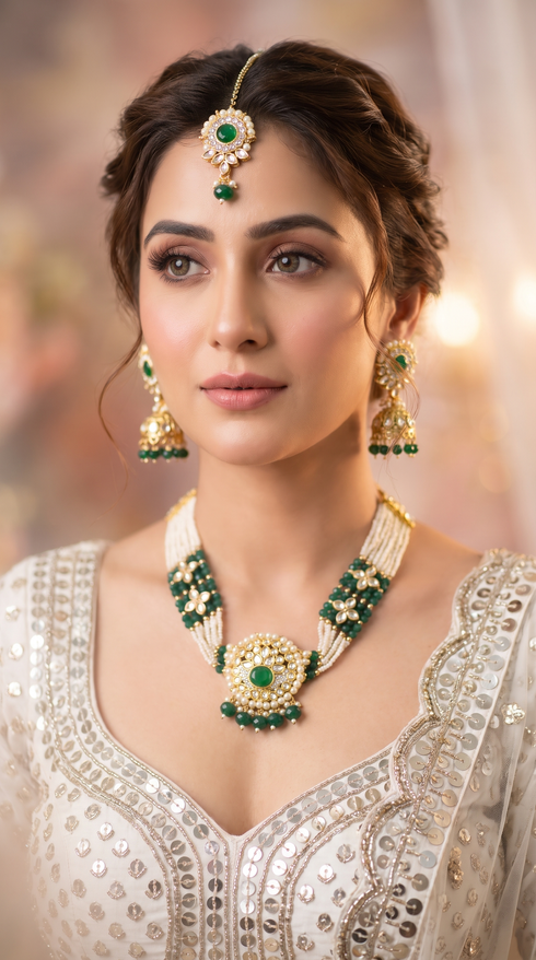 Emerald Green and White Three Piece Floral Kundan Pendant Necklace Set
