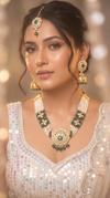 Emerald Green and White Three Piece Floral Kundan Pendant Necklace Set - view 2