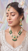 Emerald Green and White Three Piece Floral Kundan Pendant Necklace Set - view 3