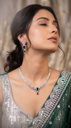 Emerald Green Cut Drop Pendant Cz Geometric Necklace Set side view, Cunei India