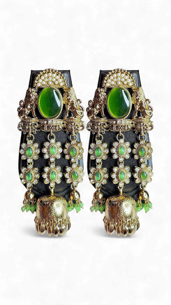 Emerald Green and Gold Pearl Ethnic Jhumka Earrings for women, Cunei India