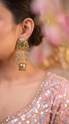 Emerald Green and Gold Pearl Ethnic Jhumka Earrings side view, Cunei India