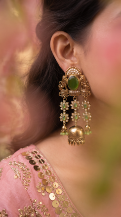 Emerald Green and Gold Pearl Ethnic Jhumka Earrings product photo, Cunei India