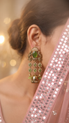 Emerald Green and Gold Pearl Ethnic Jhumka Earrings detail, Cunei India