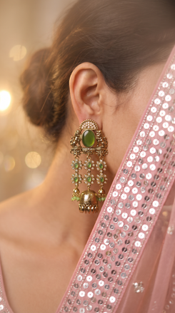Emerald Green and Gold Pearl Ethnic Jhumka Earrings detail, Cunei India