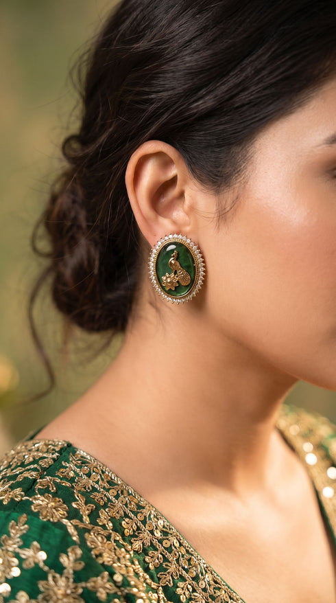 Emerald Green and Gold Cz Oval Stud Earrings side view, Cunei India