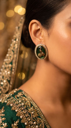 Emerald Green and Gold Cz Oval Stud Earrings detail, Cunei India
