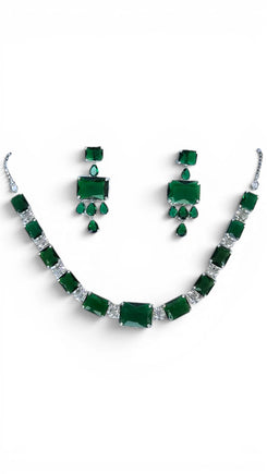 Emerald Green Necklace Earrings Set for Women - Party & Wedding Wear - view 3