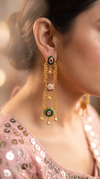 Emerald Green and Ruby Pink Enamel Cascading Hanging Earrings side view, Cunei India
