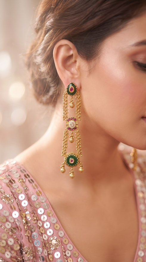Emerald Green and Ruby Pink Enamel Cascading Hanging Earrings product photo, Cunei India