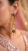 Emerald Green and Ruby Pink Enamel Cascading Hanging Earrings detail, Cunei India