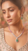 Emerald Green and Ruby Pink Teardrop Pendant Cz Necklace Set side view, Cunei India