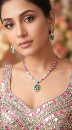 Emerald Green and Ruby Pink Teardrop Pendant Cz Necklace Set product photo, Cunei India
