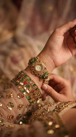 Emerald Green, Ruby Red, and Clear Cz Ethnic Bracelet Watch side view, Cunei India