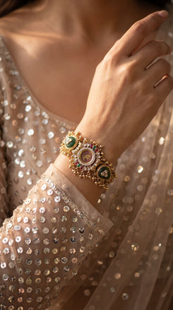 Emerald Green, Ruby Red and Clear Kundan Watch for Women, product photo, Cunei India