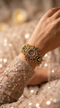 Emerald Green, Ruby Red and Clear Kundan Watch for Women, detail, Cunei India