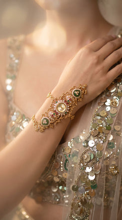 Emerald Green, Ruby Red and Clear Ornate CZ Crystal Watch for Women, detail, Cunei India