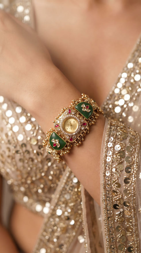 Emerald Green and Ruby Red Kundan CZ Watch for Women, for women, Cunei India