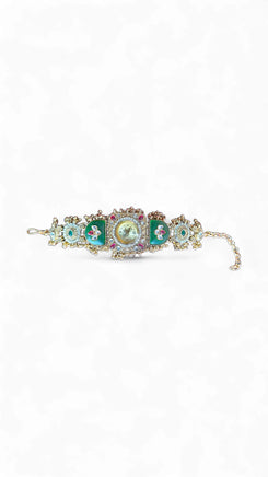 Emerald Green and Ruby Red Kundan CZ Watch for Women, side view, Cunei India