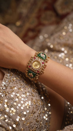 Emerald Green and Ruby Red Kundan CZ Watch for Women, product photo, Cunei India